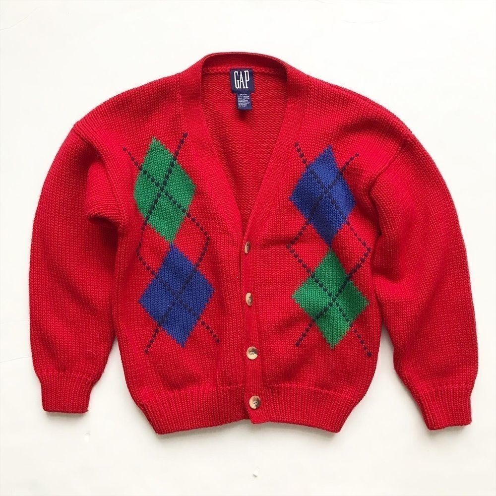 Vintage BABygap red knit argyle cardigan EUC M(8-9Y)
